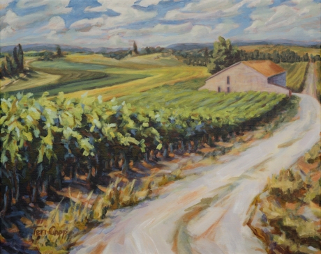 vignoble de juillet, (vines in July), 16x20, acrylic. An unknown vineyard in mid-day, southeast of the tiny town of Tulette, framed ~ $685