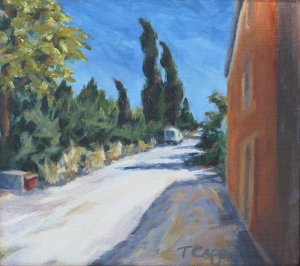 la lettre est arrive?, (has the letter arrived?), 8x9, acrylic. One of the back roads above the village of Lacoste, where I lived while studying art in France. Framed ~ $260