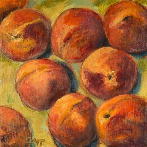 Ripe ~ Rama farm's box of peaches ~ 8"x 8" acrylic on 3/4" canvas. Painted edge, no frame needed. Ready to hang. $195