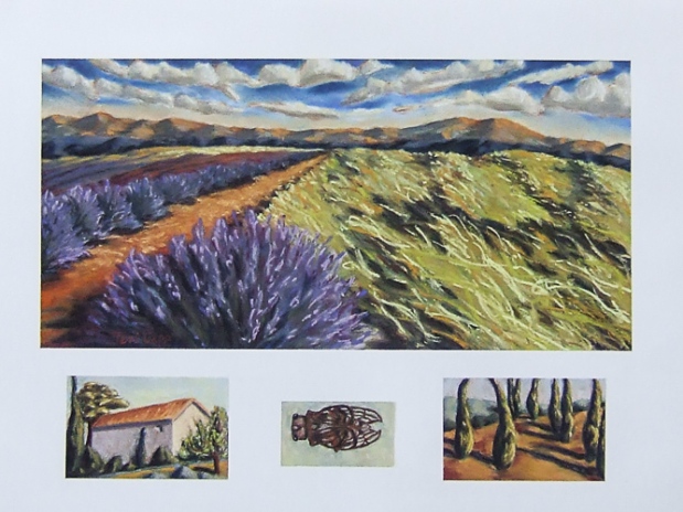 "terre au Sault," (land around Sault), 24"x 30," soft pastel on paper. I painted this with some of the "elements" that I associate with southern France. Stone and plaster houses, cicadas, and cypress as small parts of the story near this high, rolling field of lavender. Archivally matted and framed ~ $1,100