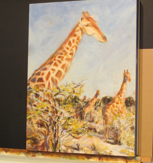 "Giraffe in Etosha bush" acrylic on cradled panel on my easel