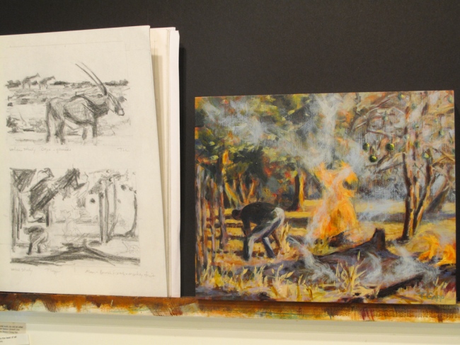 "Brush fires and monkey fruit" Acrylic on cradled panel. 8"x 10"
