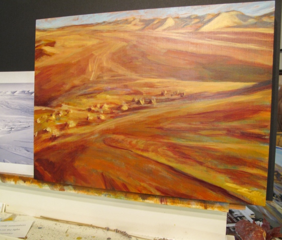 "Great Valley of Sossusvlei"-morning light. (In progress.)Acrylic on cradled panel. 12"x 16"